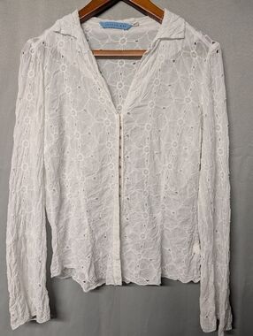 Rare Vintage Johnny Was White Eyelet Snap-Front Blouse Size Medium